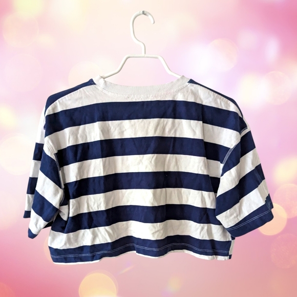 ZARA | Navy And White Striped Cropped Boxy Fit Cotton Tee Size M - Picture 6 of 8